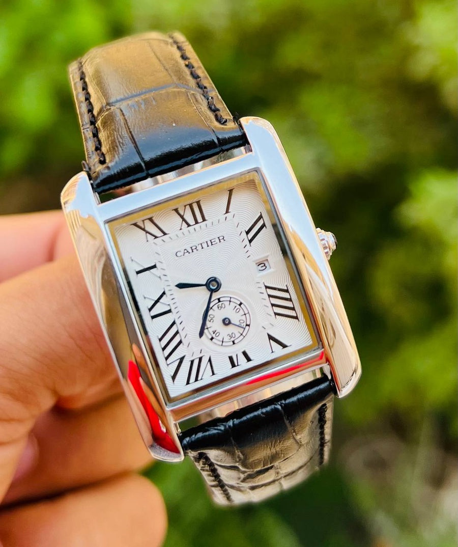 ساعة كارتير تانك Cartier-Tank هاي كوبي (جلد اسود)مينا ابيض